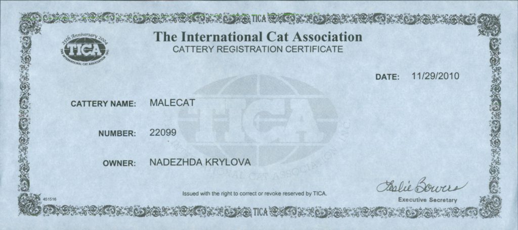 Сертификат регистрации питомника в TICA